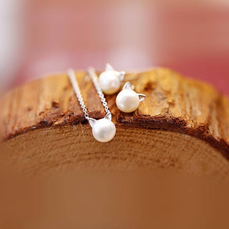 Magnifique Collier Chat en Perles avec Boucles d'Oreilles et Bague Bonus