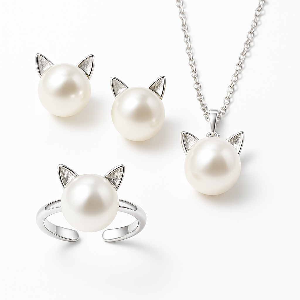 Magnifique Collier Chat en Perles avec Boucles d'Oreilles et Bague Bonus
